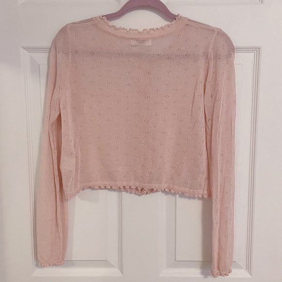 Japanese Kawaii Cottage Pastel Pink Thin Floral Ruffle Knitted Cardigan - Picture 6 of 6